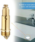 Slick Pair Of Solid Brass Basin Sink Drain Plugs With Smooth Push Pop Up Mechanism Rust Resistant Click Clack Stopper Bathroom Tub Vanity Fitting Stress Free Install Gonna Fit Perfectly Every Time close-up of brass plug with installation display.