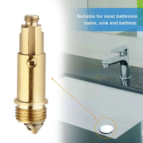 Slick Pair Of Solid Brass Basin Sink Drain Plugs With Smooth Push Pop Up Mechanism Rust Resistant Click Clack Stopper Bathroom Tub Vanity Fitting Stress Free Install Gonna Fit Perfectly Every Time close-up of brass plug with installation display.