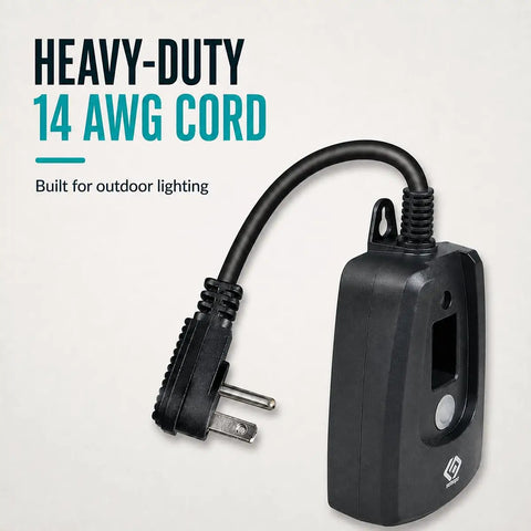 Built Tough Outdoor 24 Hour Light Timer With Photocell Dusk To Dawn Sensor All Season Waterproof Box Plug And Play Setup Dual Grounded Outlets For Yard Deck Xmas Cords And Garden Gear Super Reliable 15 Amp UL Listed Run 14 AWG heavy-duty cord for outdoor lighting