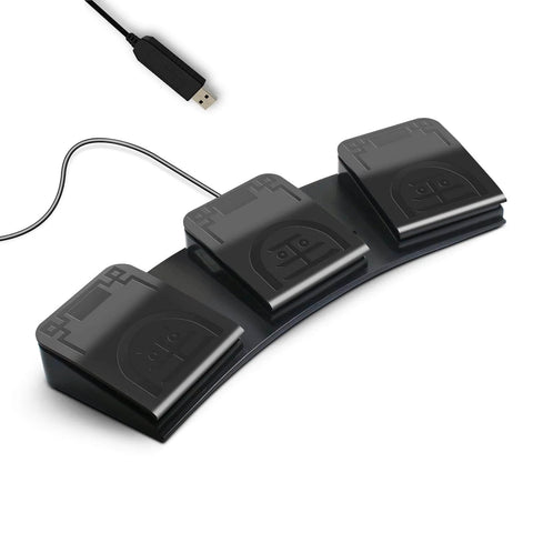 Three Key USB Foot Pedal Programmable Foot Switch For PC with three black pedals and USB cable, acts like keyboard and mouse.