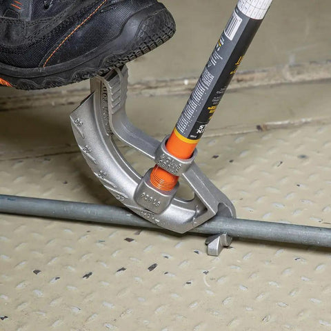 Aluminum Conduit Bender Full Assembly For 1/2-Inch EMT With Wide Foot Pedal in use, showing bending process on electrical conduit.