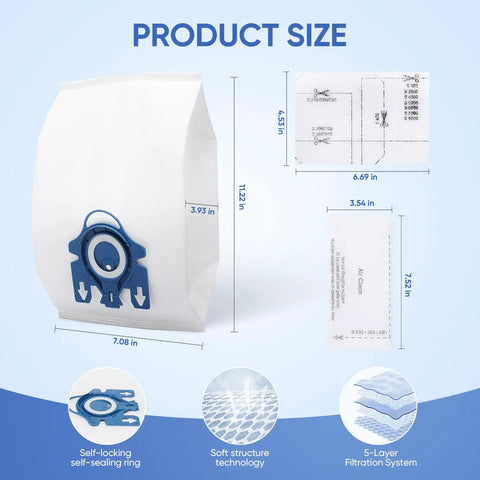 Size details for No Fuss Replacement Vacuum Cleaner Bags And Filter Set For Miele Canister Vacuums Classic C1 Complete C2 Complete C3
