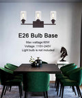 Dining room with green chairs beneath Three Light Vanity Light In Oil Rubbed Bronze, Industrial Wall Sconce With Clear Glass Shades