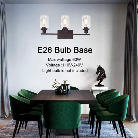 Dining room with green chairs beneath Three Light Vanity Light In Oil Rubbed Bronze, Industrial Wall Sconce With Clear Glass Shades