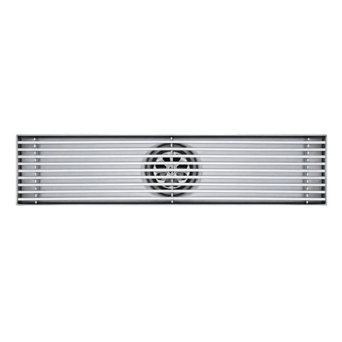 Slick Linear Shower Drain With A Heavy Duty Removable Cover Grate Plus Odor Locking Trap Built From Top Shelf 304 Stainless Steel, top view.