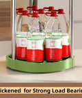 Two Tier 360 Degree Rotating Lazy Susan Spice Rack Organizer with bottles on green turntable in kitchen setting
