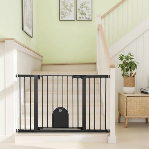 Wide Auto Close Baby Gate With Cat Door For Easy Walk Through Adjustable 29.7 To 40.6 Inches Pressure Mounted Or Hardware Mounted Durable Pet Gate For Stairs And Doorways Black installed on stairs