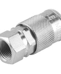 Top Shelf High Flow 3/8 Inch FNPT Pneumatic Coupler Built Tough For Daily Shop Work Quick Connect Air Line Fitting 300 Psi Rating Made In USA Real Deal Silver Steel Bulk Pack Of Fifty Pieces close-up of durable silver steel quick connect fitting