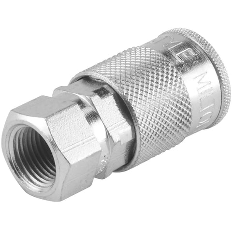 Top Shelf High Flow 3/8 Inch FNPT Pneumatic Coupler Built Tough For Daily Shop Work Quick Connect Air Line Fitting 300 Psi Rating Made In USA Real Deal Silver Steel Bulk Pack Of Fifty Pieces close-up of durable silver steel quick connect fitting
