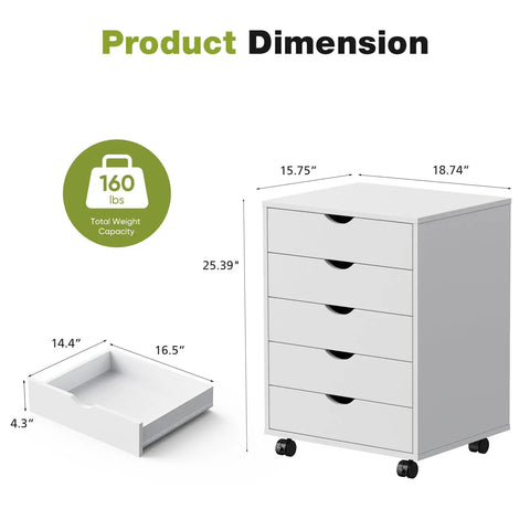 Five Drawer On Wheels Mobile Storage Chest dimensions and drawer size illustration