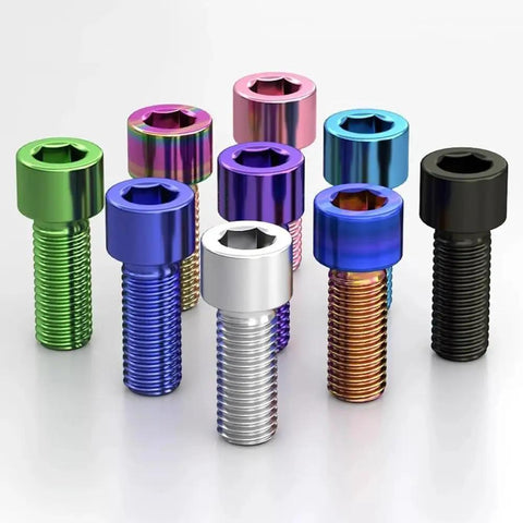 M3 And M4 Hex Socket Cap Screws Flanged With Serrated Teeth Titanium Bronze Finish 20 Millimeter varied colored screws against white background