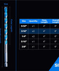 Side view of Toolant 3/16 in concrete/masonry drill bit with hex shank; blue-coated spiral flute; box of 10