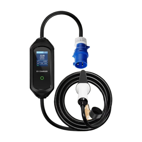 Portable Electric Vehicle Charger 32 Amp 7.2 Kilowatt Pe2 Pe1 Gbt Evse With Five Meter Cord showing compact design and digital display.