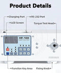 Digital Torque Meter Tester for Precision Bottle Cap Torque, Adjustable 10 to 160 mm Diameter, Three Unit Modes, Peak and Trajectory Readouts, High Accuracy Torque Measurement Tool HP100 showing LCD, test head, ports, and knobs