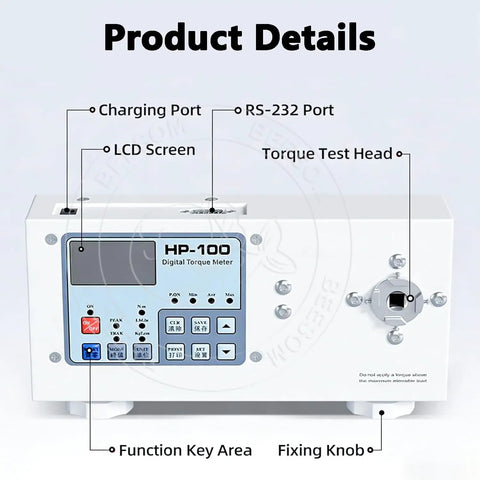 Digital Torque Meter Tester for Precision Bottle Cap Torque, Adjustable 10 to 160 mm Diameter, Three Unit Modes, Peak and Trajectory Readouts, High Accuracy Torque Measurement Tool HP100 showing LCD, test head, ports, and knobs