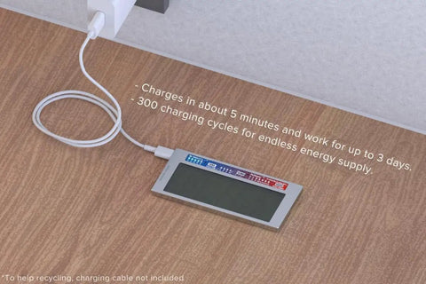 Smart battery charging via USB cable, displays charging message, placed on wood surface, compatible with rapid charging.