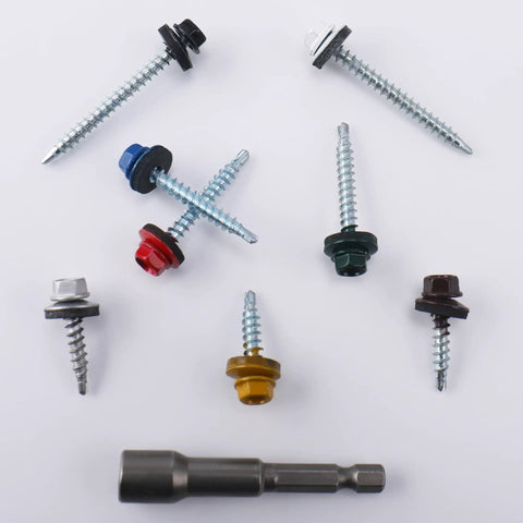 Assorted colored Blue Hex Head Self Drilling Roofing Screws 1-1/2 In for wood and metal roofs with EPDM washer, magnetic driver bit included