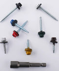 Assorted colored Red Hex Head Self Drilling Roofing Screws for wood and sheet metal, 200 piece set, no 10 x 2 inches, EPDM washer, with hex driver bit
