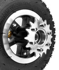 Upgrade Your Dolly Cart With This 24V Dual Drive Electric Conversion Kit. Close-up of robust motorized wheel with metallic sprocket.