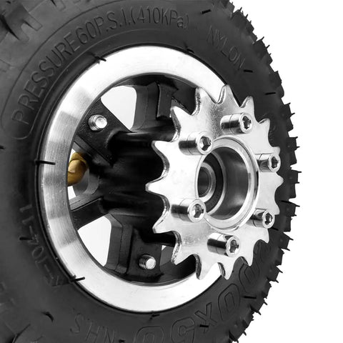 Upgrade Your Dolly Cart With This 24V Dual Drive Electric Conversion Kit. Close-up of robust motorized wheel with metallic sprocket.