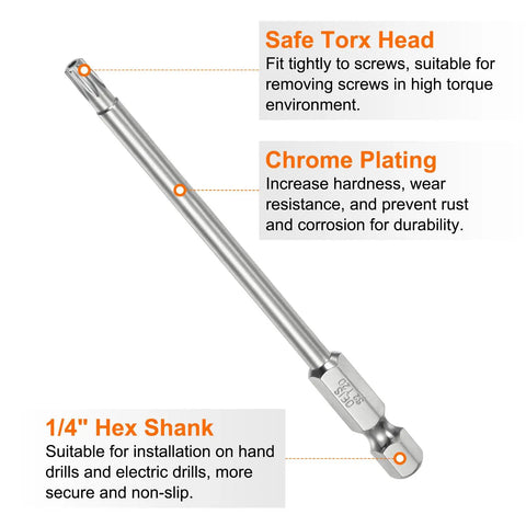 Badass T20 Security Torx Bits Featuring Four Inch S2 Steel Magnetic Drive Tips With One Quarter Inch Hex Shank for heavy duty use.