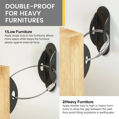 Diagram showing installation of Heavy Duty Furniture Anchors 10 Pack Anti Tip Straps For Baby Proofing Up To 400 Lbs Earthquake Resistant Metal Wall Anchors