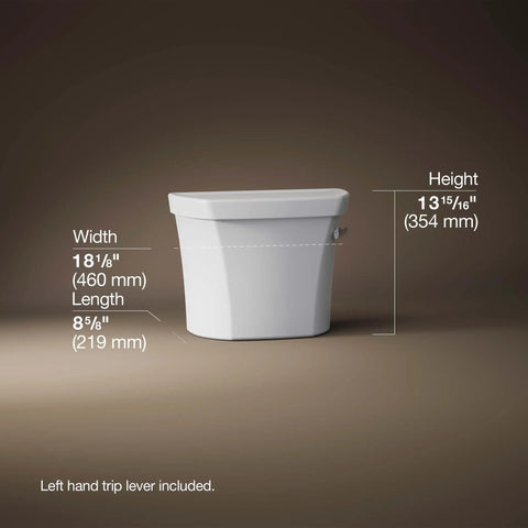 Wellworth 1.6 GPF Toilet Tank Rough In High Performance Flush Sleek Curved Design white ceramic tank with dimensions view