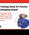 Close-up of blue adjustable LAN cable stripper and cutter with depth control knob for Cat5e to Cat7 UTP STP cables