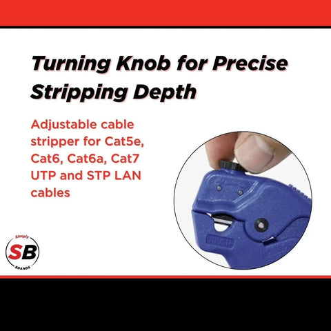 Close-up of blue adjustable LAN cable stripper and cutter with depth control knob for Cat5e to Cat7 UTP STP cables