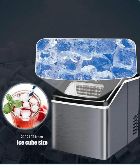 Fast Acting Countertop Ice Maker With Clear Viewing Window And Touch Control Self Wash Cracks Out Fifty Pounds Daily Tailored For Busy Kitchens And Casual Hangouts Quiet Hustle Design showing ice cubes and compact size.