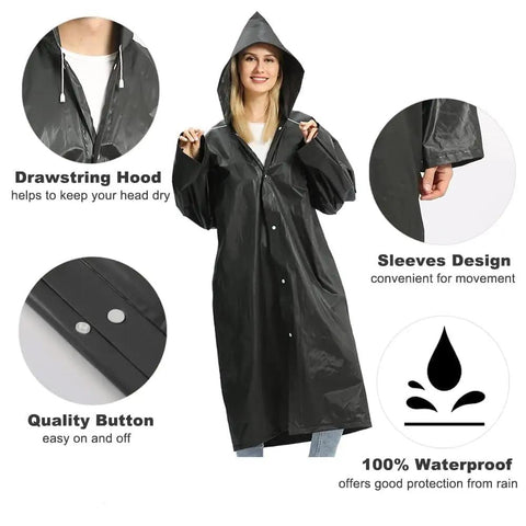 Black EVA Waterproof Rain Poncho Coat With Hood And Long Sleeves For Adults Unisex Outdoor Rain Gear Thick Tear Resistant And Breathable