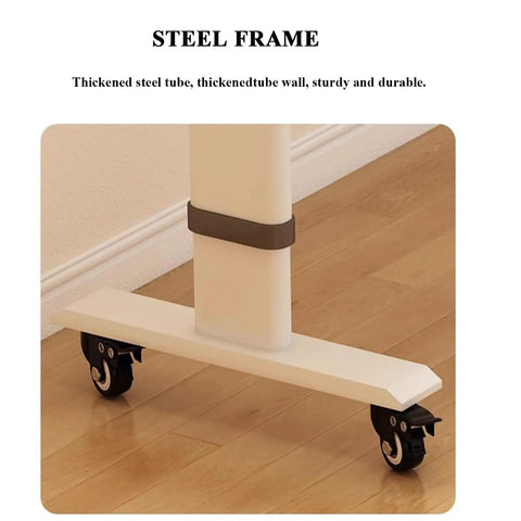 Game Changing Ergonomic Height Adjustable Overbed Table With Smooth Ball Bearing Casters For Mobile Laptop Workstations And Cozy Apartment Living Spaces, showcasing sturdy steel frame and smooth casters.