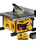 Badass Cordless Table Saw With 8 Inch Blade And 24 Inch Rip Capacity Featuring Flexvolt Auto Voltage Switching Battery Power and Precision Rack Pinion Fence Setup on mobile workbench with battery.