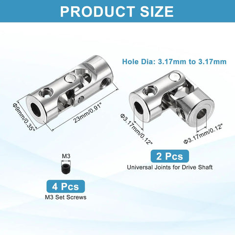 2 Pack Universal Joint Shaft Couplings 3.17mm To 3.17mm Inner Diameter Rotatable Steering Shaft U Joint With Screws For RC Cars Boats Robots And Ship Drive Systems, 9x23mm 45# steel