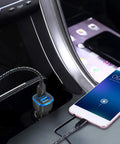 Dual Port Car Phone Charger With Built In Type C Cord Quick Charge Adapter in car console with phone charging and braided cable.