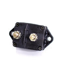 Heavy Duty 120 Amp Circuit Breaker With Straight Up Easy Push To Reset Switch For Panel Mount Installations 30 Volt Dc Electrical Protection No Fuss Manual Guard, black panel mount with terminals.