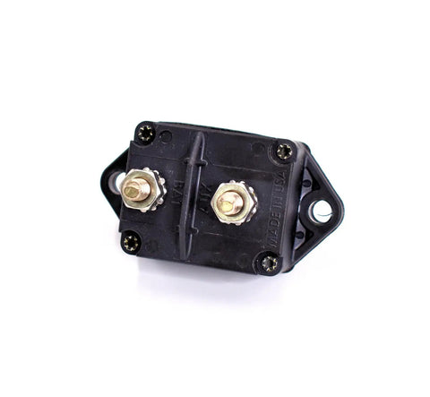 Heavy Duty 120 Amp Circuit Breaker With Straight Up Easy Push To Reset Switch For Panel Mount Installations 30 Volt Dc Electrical Protection No Fuss Manual Guard, black panel mount with terminals.
