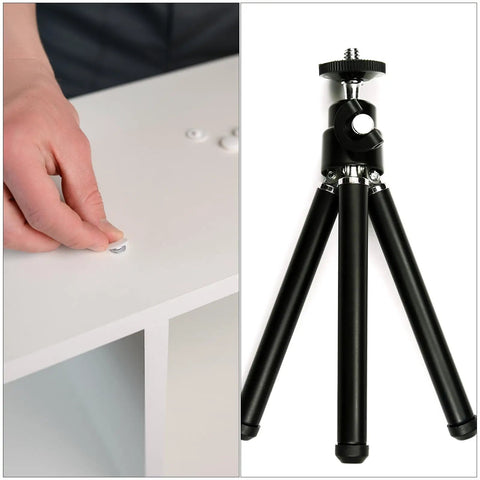 Left: Hand installing 12mm waterproof plastic screw cap cover; Right: Black tripod with adjustable legs