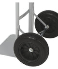 Heavy Duty Steel Hand Truck With 600 Pound Capacity And 10 Inch Flat Free Tires, side view of wheels and toe plate.