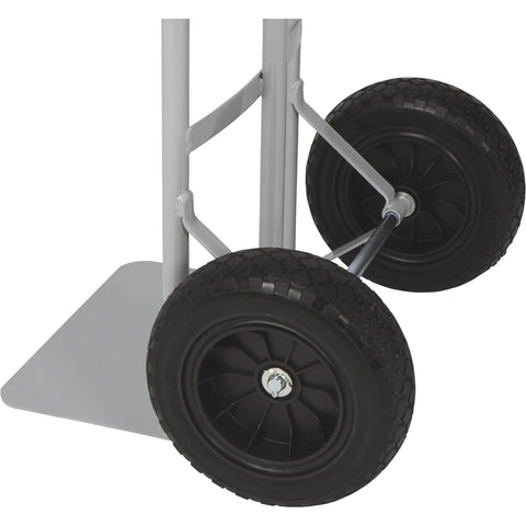Heavy Duty Steel Hand Truck With 600 Pound Capacity And 10 Inch Flat Free Tires, side view of wheels and toe plate.
