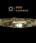 Remix LED Headlamp With 450 Lumens Multicam Camo Finish Red LEDs For Night Vision IPX4 Water Resistant shown lit up.