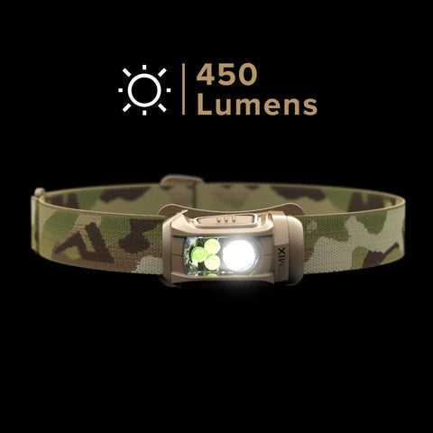 Remix LED Headlamp With 450 Lumens Multicam Camo Finish Red LEDs For Night Vision IPX4 Water Resistant shown lit up.