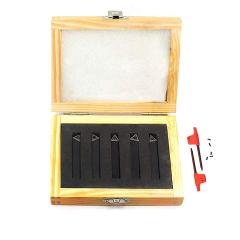 Five Sixteenth Inch Mini Lathe Indexable Carbide Turning Tool Holder Kit With TCMT090204 Inserts in wooden case