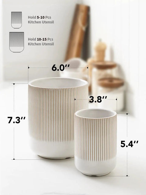 Two Piece Ceramic Utensil Holder Set For Kitchen Counter With Fluted Warm White Glaze Large 7.3 Inch And Small 5.4 Inch Crocks