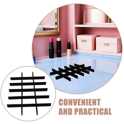 Slick Velvet Jewelry Dividers And Adjustable Drawer Inserts Offer Eighteen Flexible Compartments to organize beauty products on a dresser.