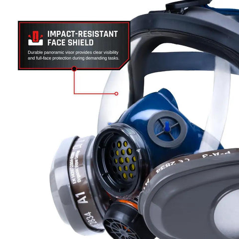 Full Face Organic Vapor And Particulate Respirator With Dual P-A-3 Carbon Activated Cartridges, close-up of impact-resistant face shield