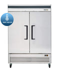Hella Roomy Real Deal Commercial Kitchen Workhorse 49 Cubic Feet Solid Door Reach In Freezer with double doors in silver stainless steel.