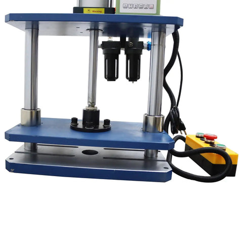 Built Like A Tank 1102 Pound Pneumatic Punch Press With Digital Display Controller For Smooth Sheet Metal Fabrication Desktop Punching Tool showing the punch station's dual column design and pressure control features.