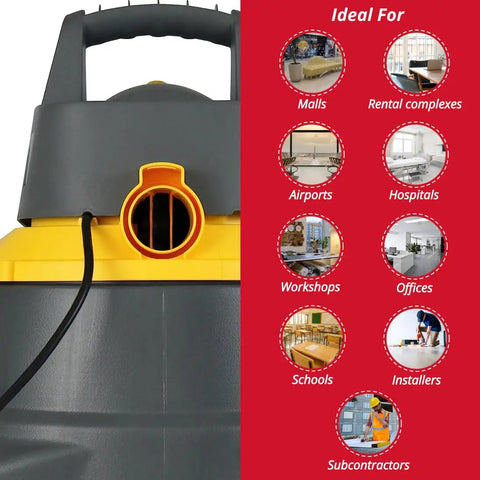 Close-up of gray and yellow Contractor Wet Dry Vacuum For Jobsite, ideal for various locations, featuring power cord and blower outlet.