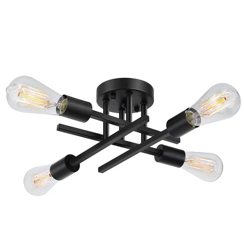 Industrial Four Light Semi Flush Mount Ceiling Light Fixture Matte Black Rustic Sputnik Chandelier For Bedroom And Foyer Farmhouse Style With Vintage Retro Charm And Close To Ceiling Lighting For Cozy Ambiance